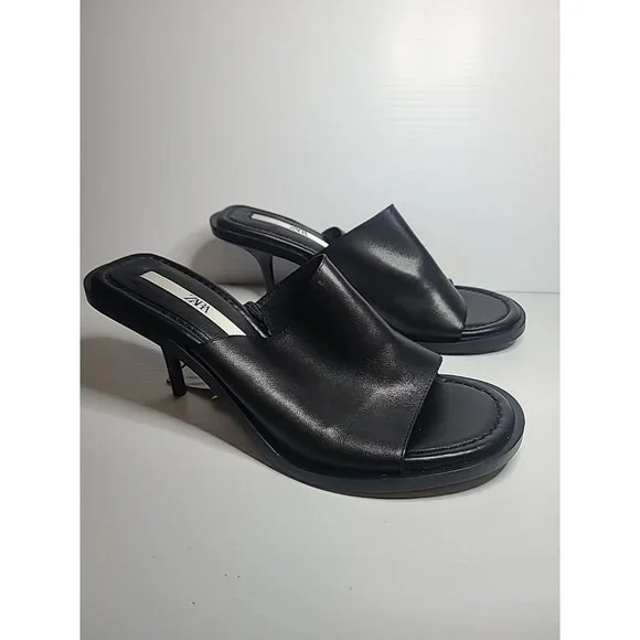 Zara Women's Black Leater Peep Toe Slip On Heel Sandals SZ 41/ US 10 - Picture 2 of 6